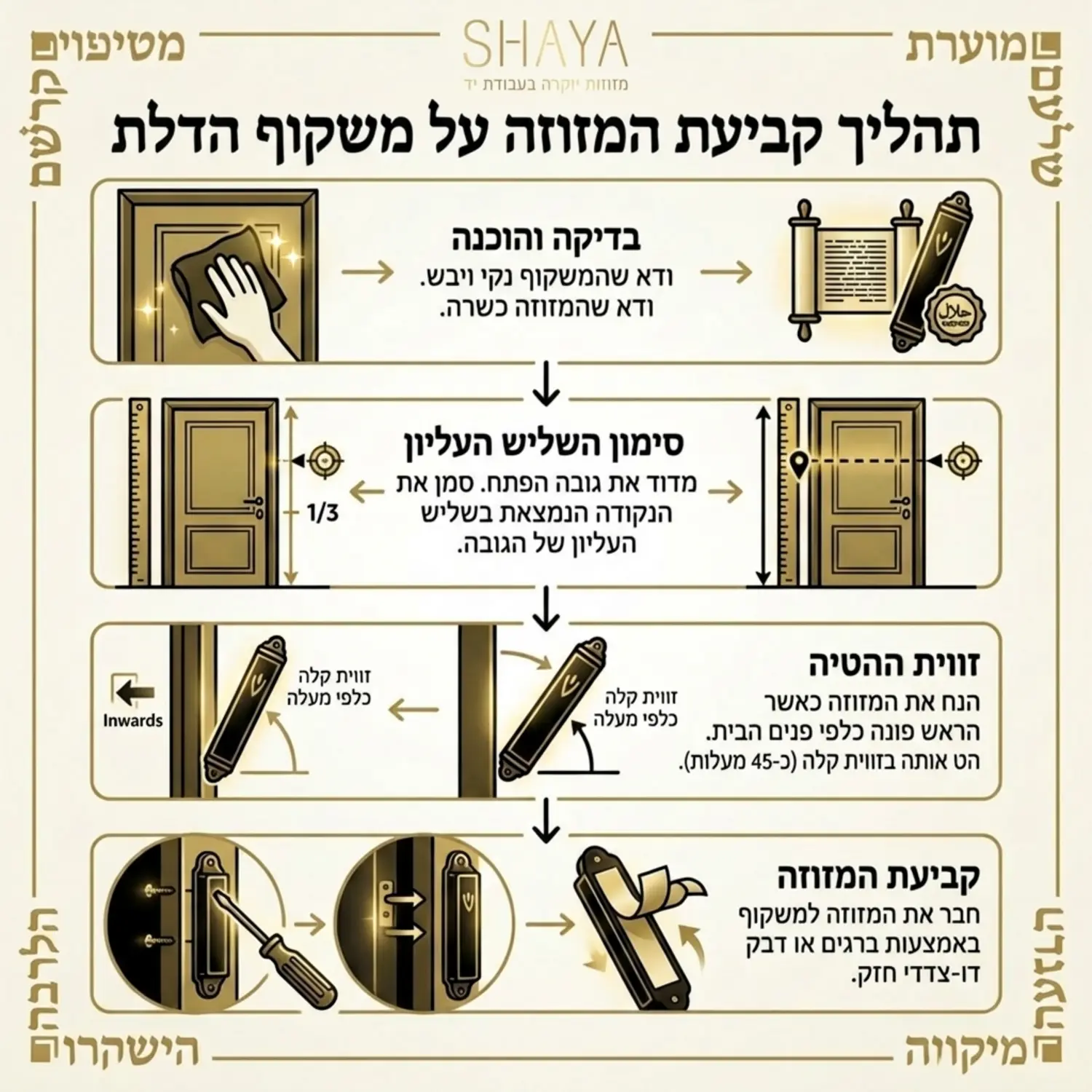 תרשים זרימה ויזואלי המסביר צעד אחר צעד את תהליך קביעת המזוזה על משקוף הדלת, כולל סימון השליש העליון, זווית ההטיה הנדרשת ומיקום הברגים או הדבק
