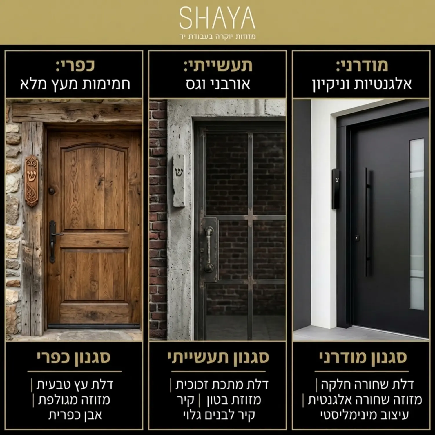 קולאז' עיצובי המציג שלושה סגנונות של דלתות כניסה: כפרית מעץ מלא עם מזוזת עץ מגולפת, תעשייתית עם קיר לבנים ומזוזת בטון, ומודרנית עם דלת חלקה ומזוזה שחורה ואלגנטית