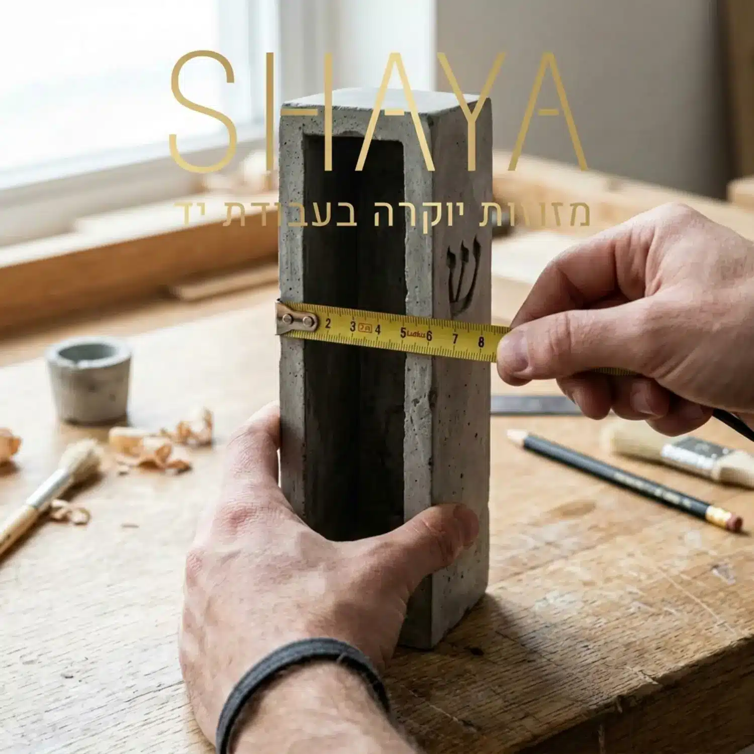 צילום תקריב איכותי של ידיים המחזיקות סרט מידה קטן ומודדות את החלל הפנימי של בית מזוזה ריק ומעוצב העשוי מבטון, תוך מתן דגש על העומק והאורך הפנימי מול החלק החיצוני