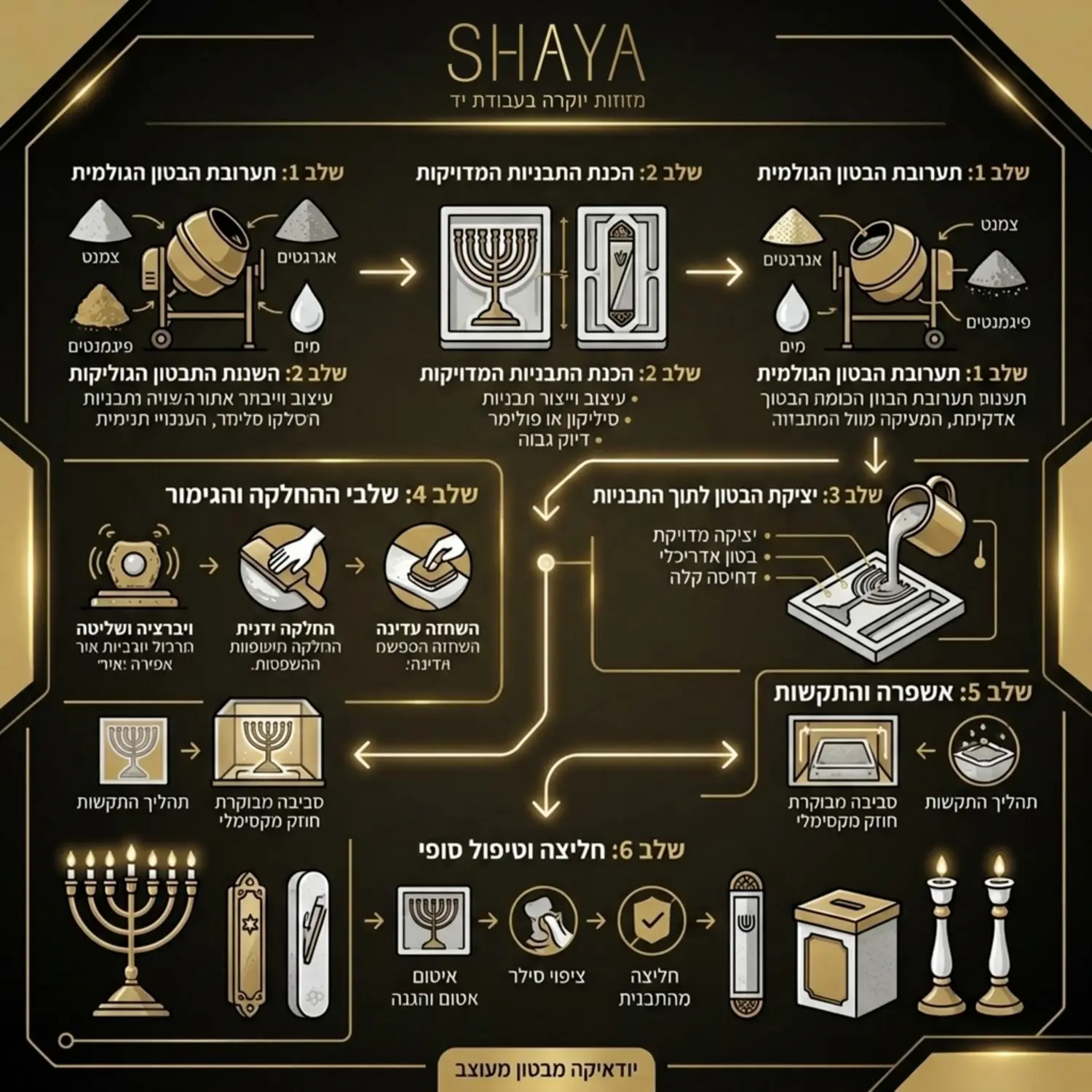 אינפוגרפיקה המציגה את תהליך העיבוד של בטון אדריכלי משלב התערובת הגולמית ועד ליציקה לתוך תבניות עדינות ליצירת פריטי יודאיקה תוך הדגשת שלבי ההחלקה והגימור