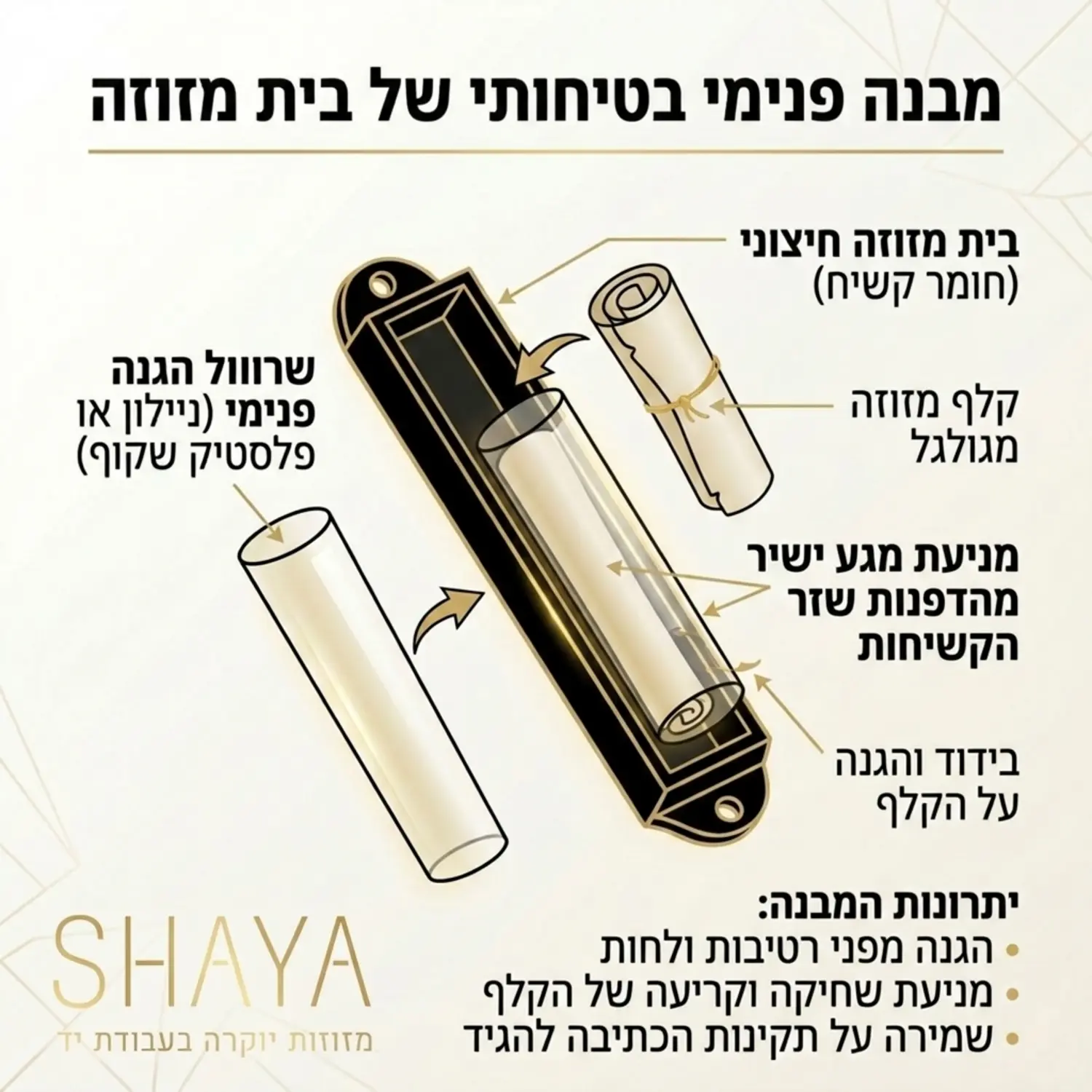 אינפוגרפיקה המדגימה את המבנה הפנימי של בית המזוזה המראה כיצד הקלף המגולגל מוכנס פנימה בצורה בטוחה המונעת מגע ישיר עם דפנות החומר הנוקשה