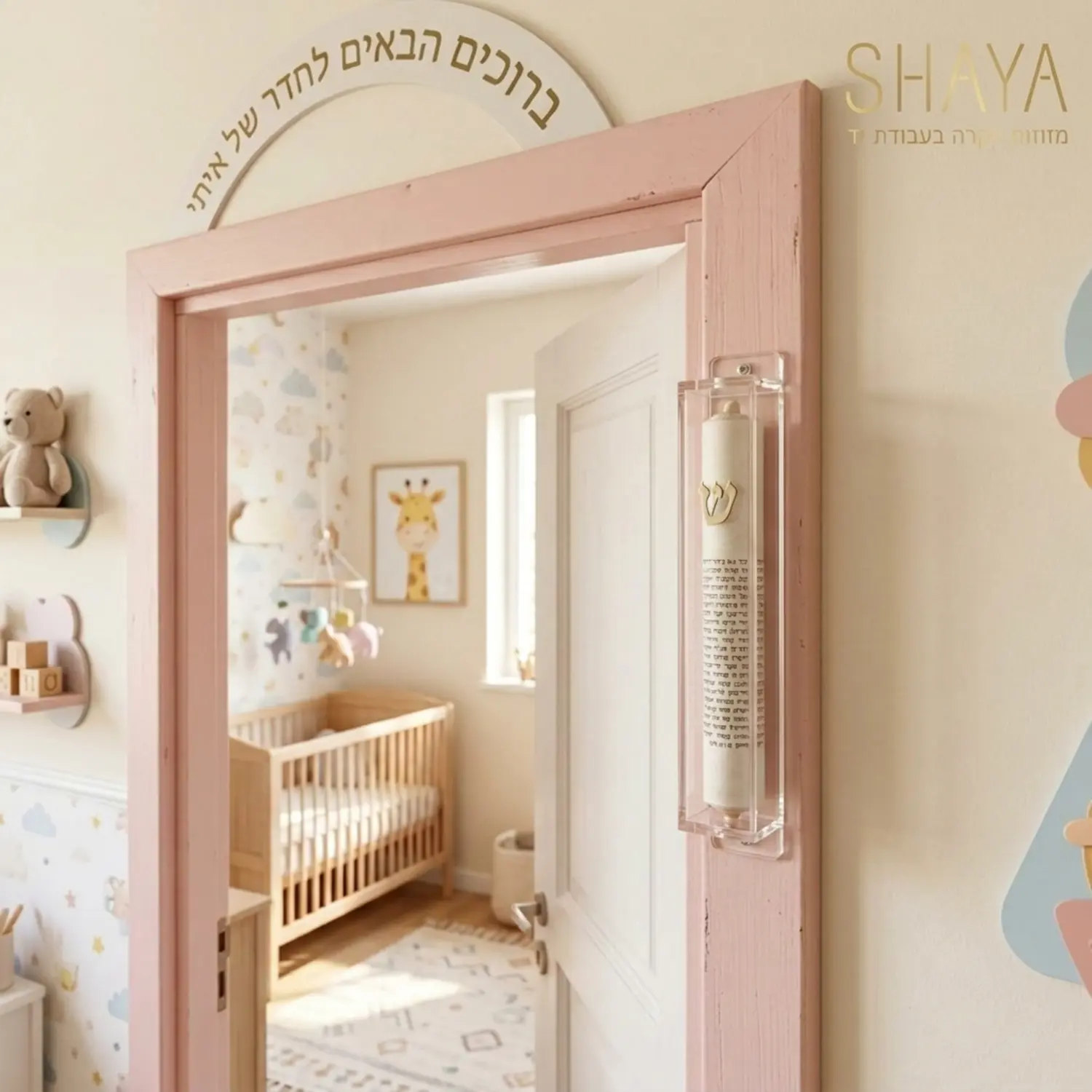 צילום תקריב של פתח חדר ילדים מעוצב בגוונים פסטליים רכים, על משקוף הדלת מותקן בית מזוזה מאקריל שקוף ונקי שמשתלב בהרמוניה עם צבעי הקיר
