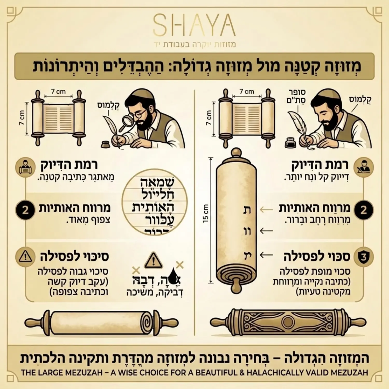 אינפוגרפיקה מקצועית המציגה את ההבדל בין קלף מזוזה קטן לקלף מזוזה גדול, עם איורים המראים את רמת הדיוק של סופר הסת