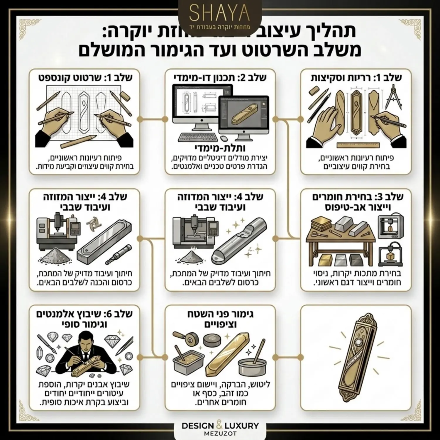אינפוגרפיקה המציגה את השלבים של עיצוב מזוזת יוקרה משלב שרטוט הסקיצה ועד לגימור הסופי עם שיבוץ אלמנטים מיוחדים