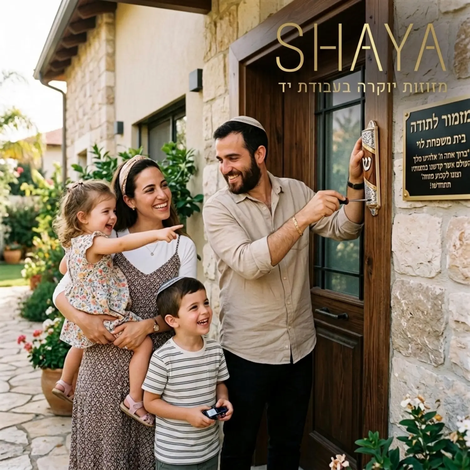 תמונה משפחתית של זוג צעיר עומד בפתח הבית החדש שלהם יחד עם הילדים כשהאב קובע את המזוזה המעוצבת החדשה על המשקוף בפנים מחויכות