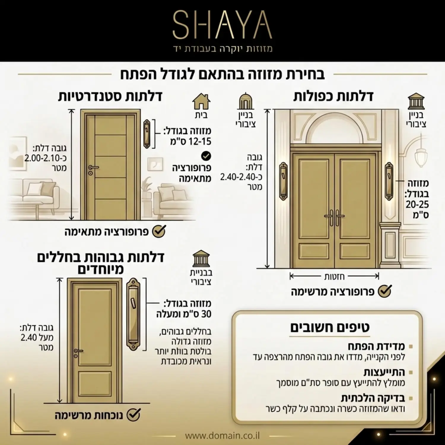 אינפוגרפיקה המציגה את הפרופורציות הנכונות בין גודל הדלת לבין גודל המזוזה הנדרש, עם שרטוטים של דלתות סטנדרטיות לעומת דלתות כפולות וגבוהות בחללים שונים