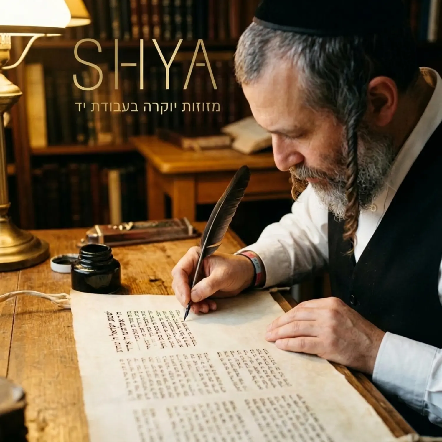 תמונה של סופר סתם רושם קלף מזוזה גדול, מתמקד בקולמוס ובאותיות המוקפדות, עם תאורה חמה המדגישה את האווירה הרוחנית של תהליך הכתיבה המקודש