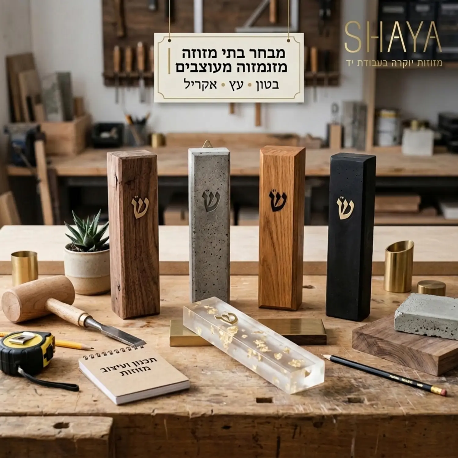 תמונה מעוצבת של מבחר בתי מזוזה מחומרים שונים כמו בטון עץ ואקריל, מסודרים על שולחן עבודה של אמן המציג את תהליך העיצוב המודרני ואת הטקסטורות העשירות