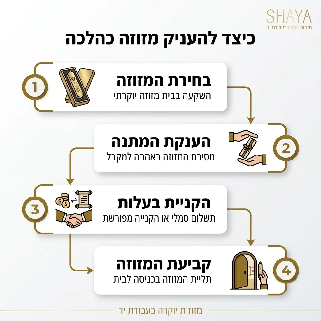 אינפוגרפיקה — כיצד להעניק מזוזה כהלכה: בחירת המזוזה, הענקת המתנה, הקניית בעלות, קביעת המזוזה
