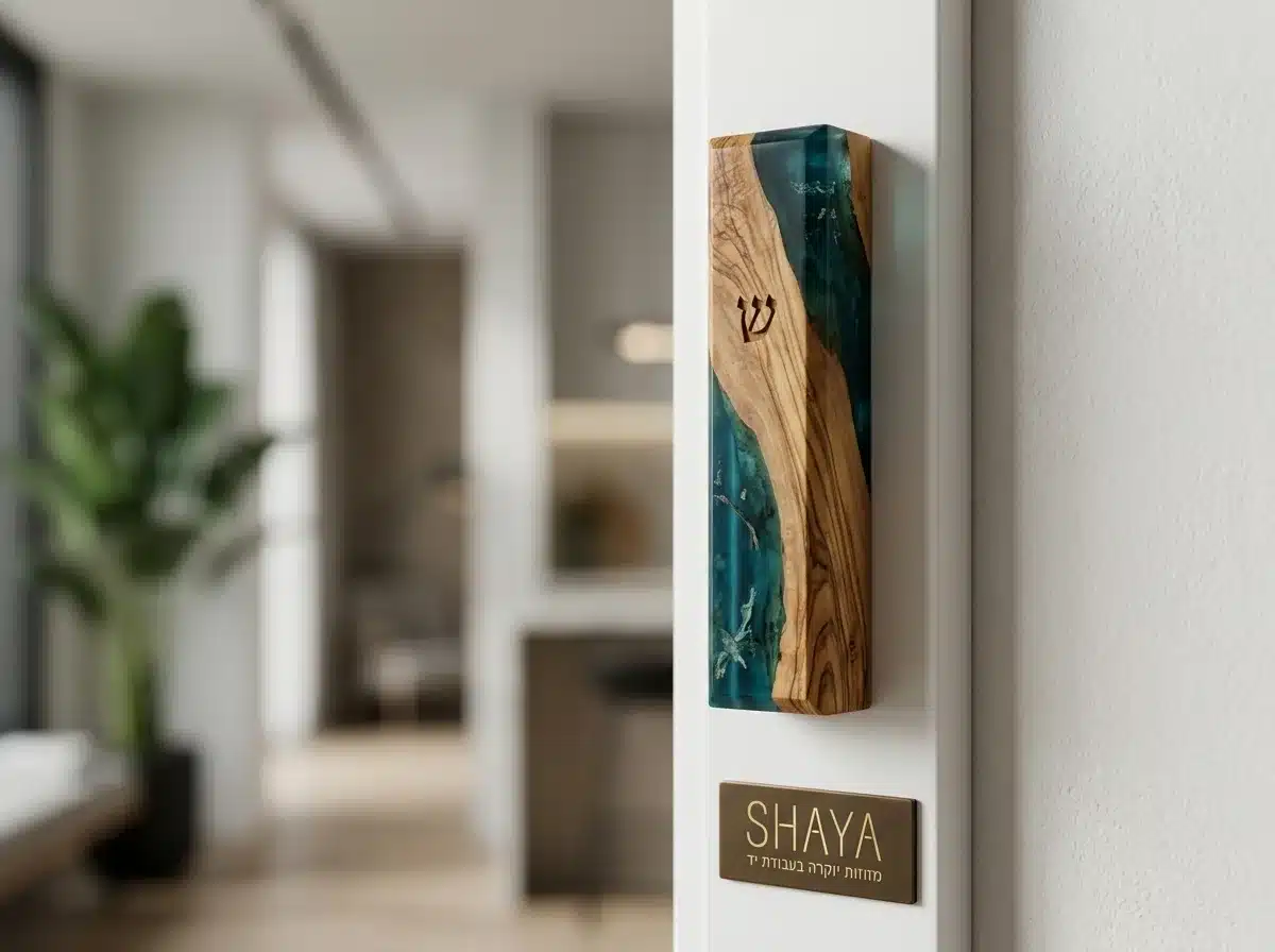צילום מקצועי פוטו-ריאליסטי של תקריב על בית מזוזה מעץ זית מלא ויציקת אפוקסי בצבע טורקיז עמוק דמוי מים, המורכב על משקוף מודרני לבן. אור טבעי רך מדגיש את סיבי העץ ואת הברק של האפוקסי. פוקוס חד על מרקם המזוזה, עומק שדה רדוד.