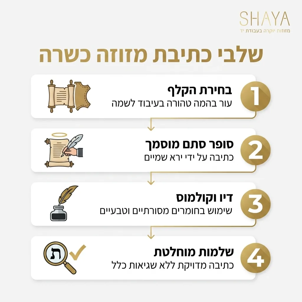 אינפוגרפיקה — שלבי כתיבת מזוזה כשרה: בחירת הקלף, סופר סתם מוסמך, דיו וקולמוס, שלמות מוחלטת