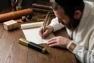 צילום תקריב של סופר סת"ם כותב מזוזה, לצד בית מזוזה מודרני מונח על שולחן עץ.