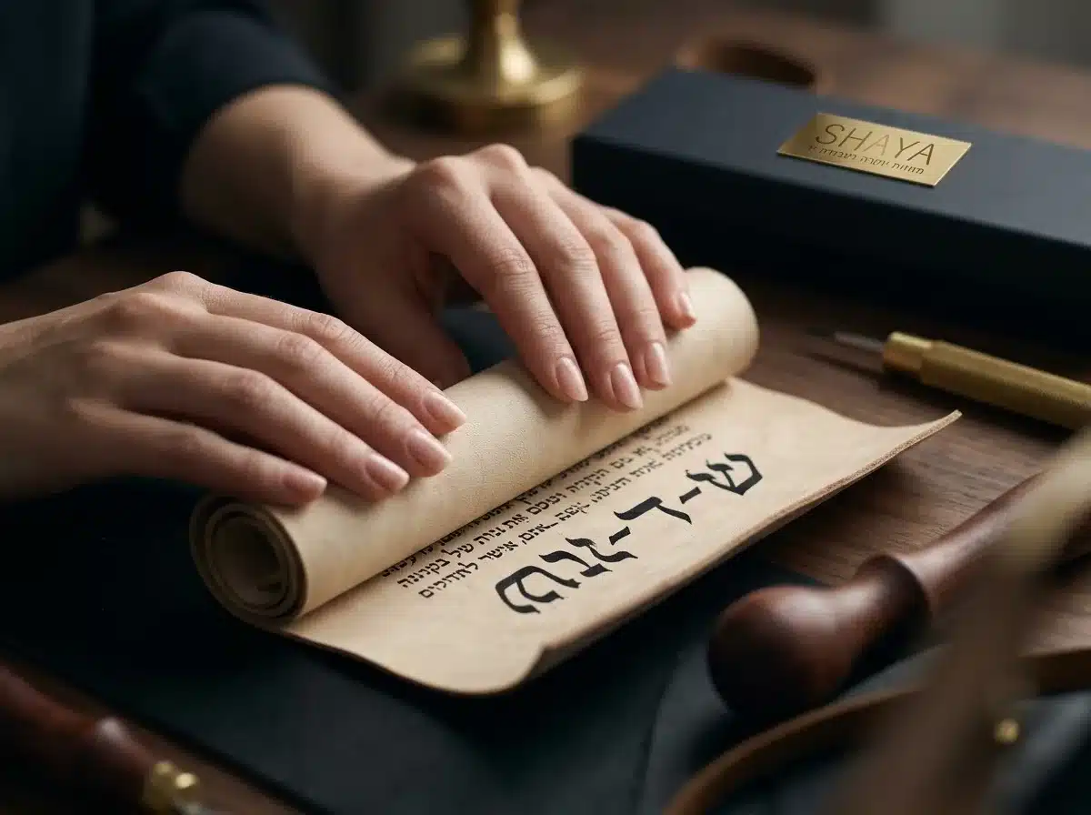 צילום תקריב ריאליסטי של ידיים בעלות מראה עדין מגלגלות בזהירות קלף מזוזה משמאל לימין, המילה ש-ד-י נראית על חלקה החיצוני של המגילה, תאורה רכה ממחישה את הטקסטורה של העור הטבעי