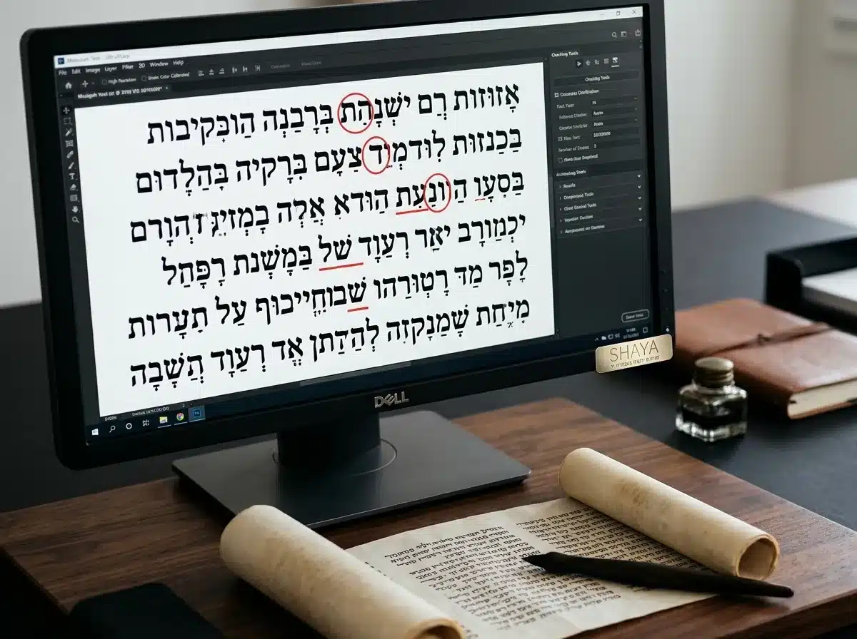 צילום חזיתי מואר של מסך מחשב המציג תוכנת הגהה למזוזות עם אותיות עבריות גדולות וסימונים באדום על הטקסט, לצידו מונח קלף מזוזה אמיתי מגולל למחצה על משטח עבודה מקצועי