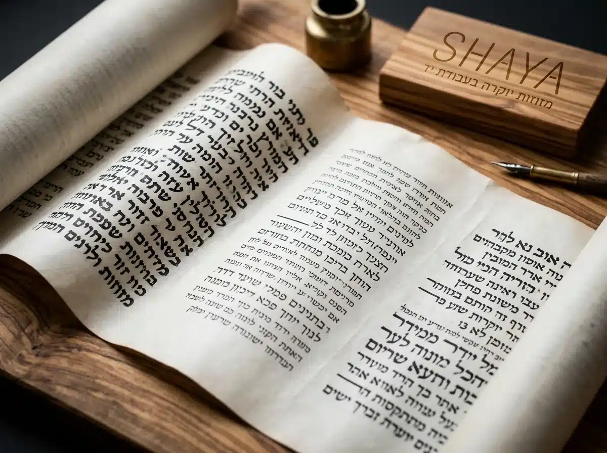 צילום איכותי של שלושה קלפי מזוזה מגוללים חלקית מונחים זה לצד זה על משטח עץ, מראים הבדלים ברורים בעובי הדיו וביופי האותיות, עם פוקוס רדוד המדגיש את הכתב השחור על הקלף הבהיר