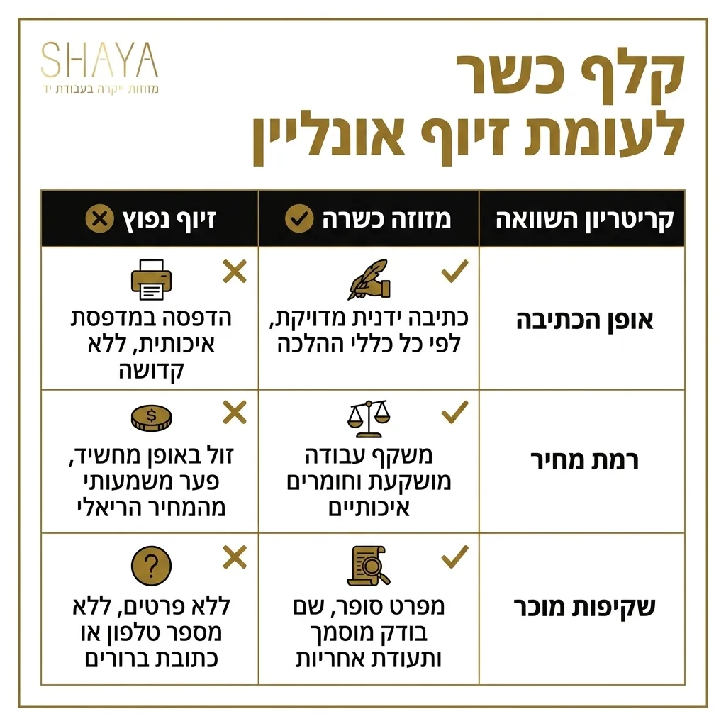אינפוגרפיקה — קלף כשר לעומת זיוף אונליין: השוואה בין מזוזה כשרה, זיוף נפוץ