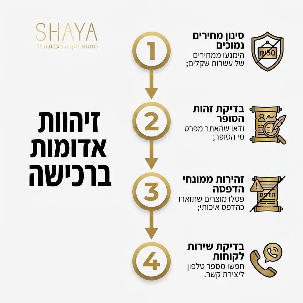 אינפוגרפיקה — זיהוי נורות אדומות ברכישה: סינון מחירים נמוכים, בדיקת זהות הסופר, זהירות ממונחי הדפסה, בדיקת שירות לקוחות