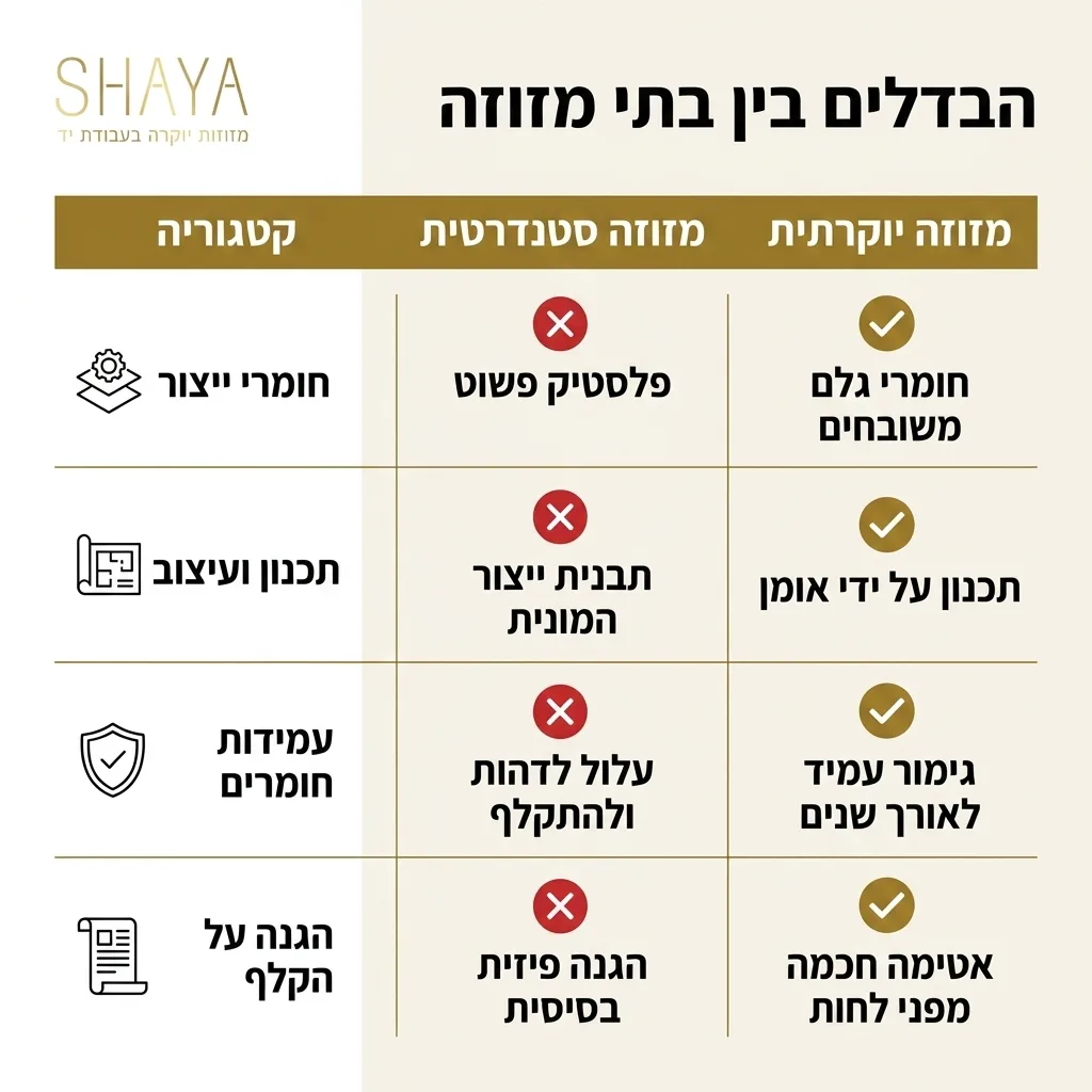 אינפוגרפיקה — הבדלים בין בתי מזוזה: השוואה בין מזוזה סטנדרטית, מזוזה יוקרתית