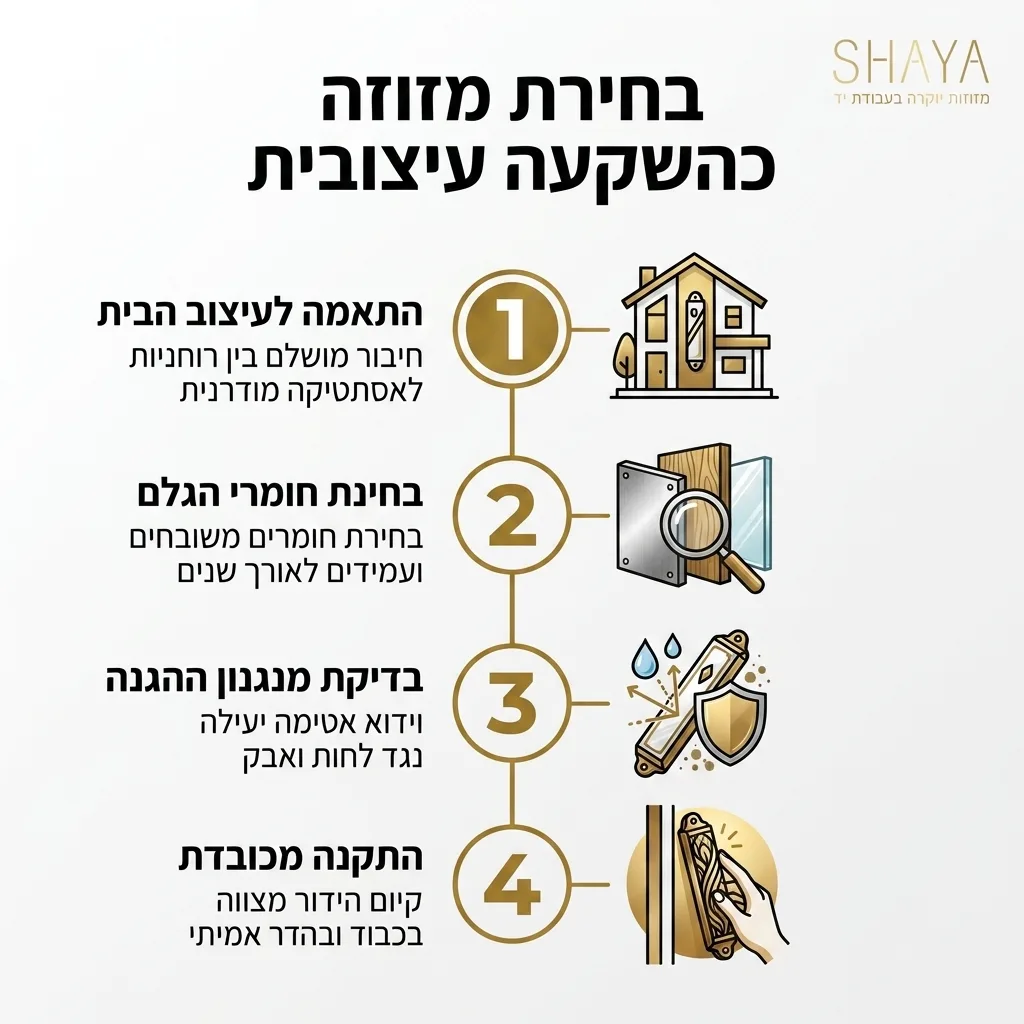 אינפוגרפיקה — בחירת מזוזה כהשקעה עיצובית: התאמה לעיצוב הבית, בחינת חומרי הגלם, בדיקת מנגנון ההגנה, התקנה מכובדת