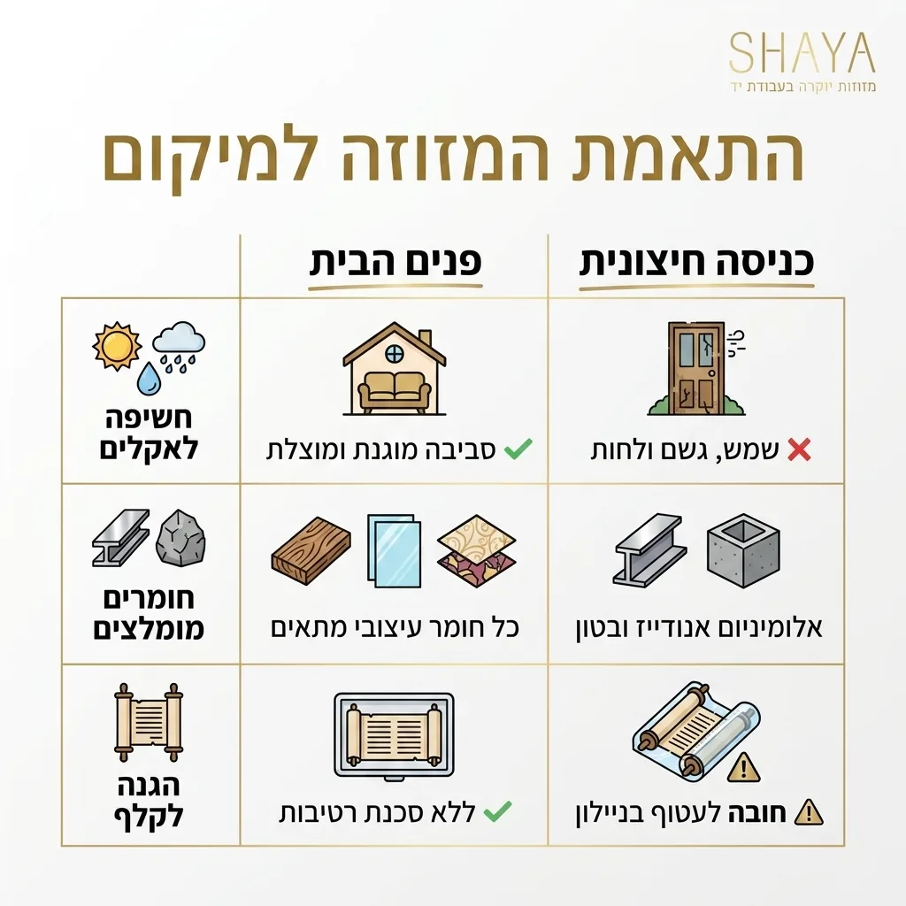 אינפוגרפיקה — התאמת המזוזה למיקום: השוואה בין כניסה חיצונית, פנים הבית