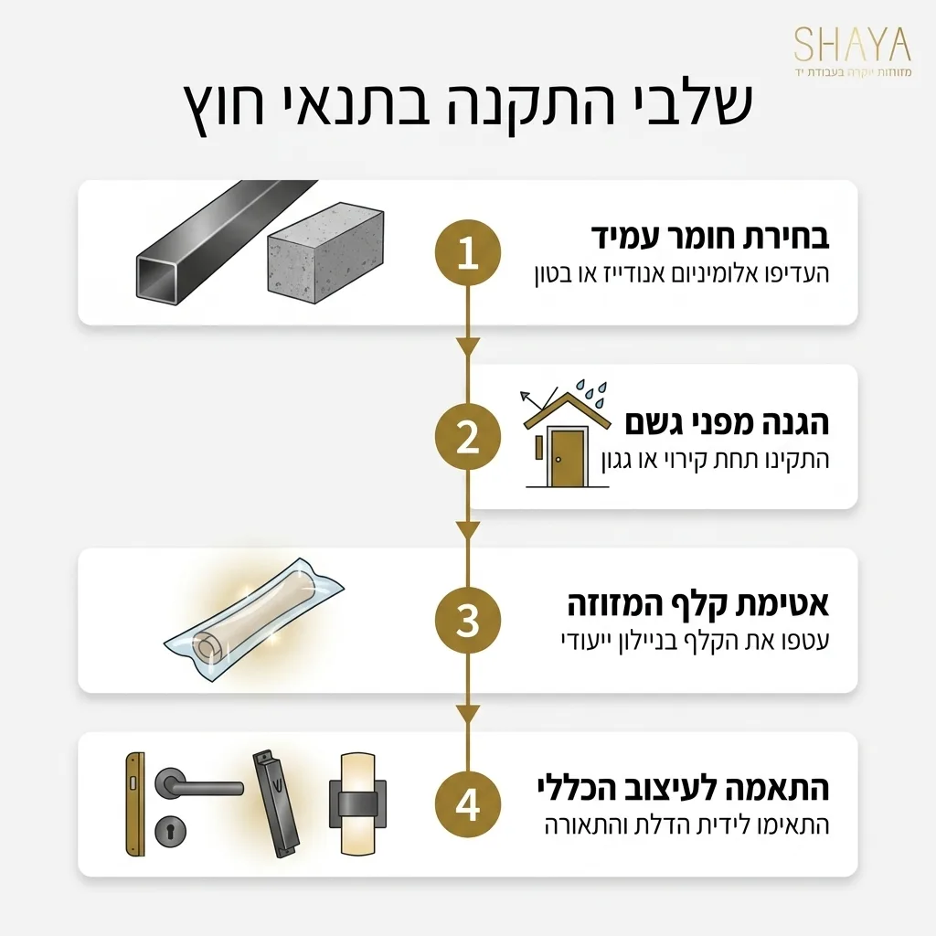 אינפוגרפיקה — שלבי התקנה בתנאי חוץ: בחירת חומר עמיד, הגנה מפני גשם, אטימת קלף המזוזה, התאמה לעיצוב הכללי