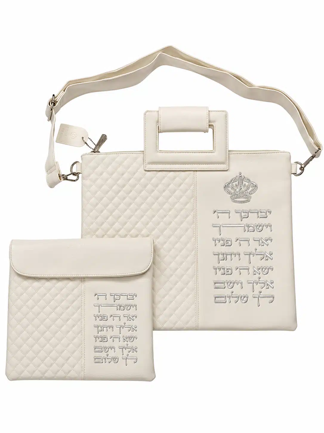 סט כיסויים מפואר לטלית ולתפילין דמוי עור לבן
