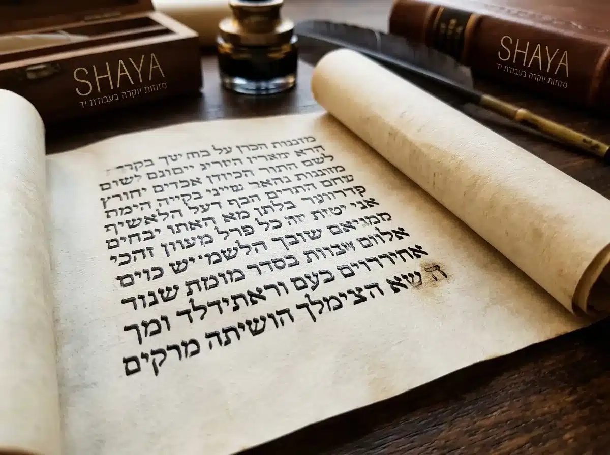 צילום תקריב פוטו-ריאליסטי של קלף מזוזה פרוס. על הקלף ניתן לראות מקרוב אותיות עבריות עתיקות בדיו שחור מבריק, כאשר אות אחת נראית מעט דהויה בקצה. התאורה חמה ומדגישה את גוון הקלף הטבעי