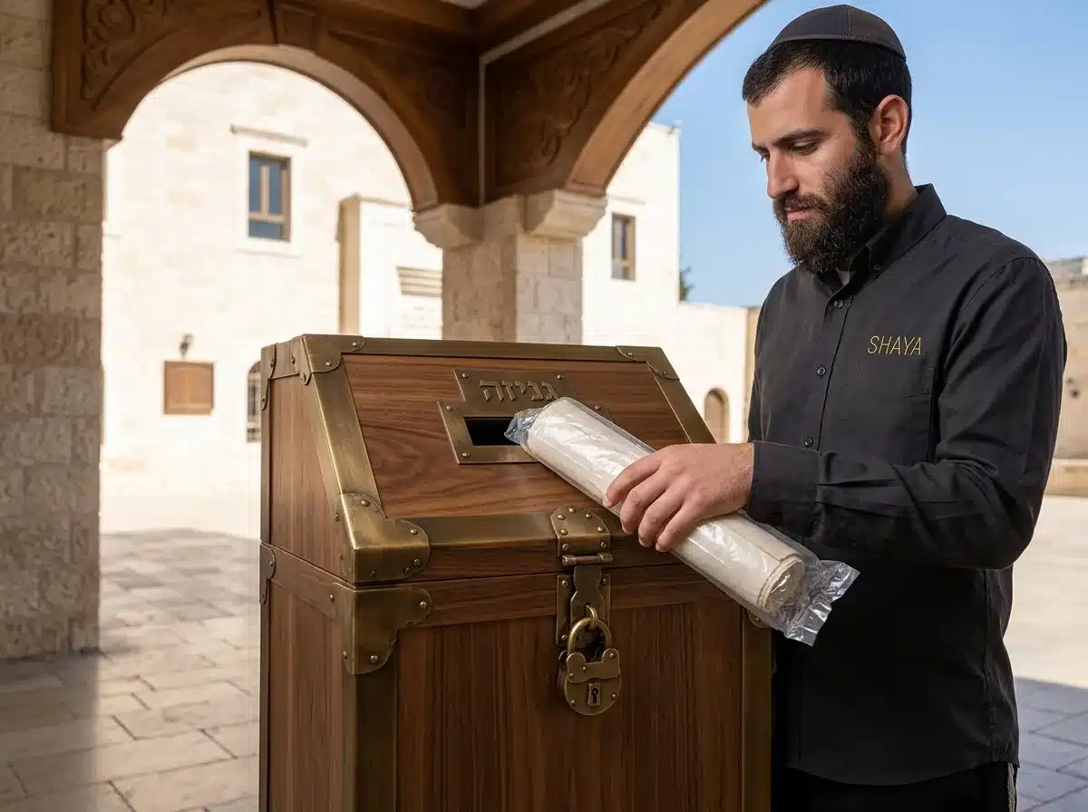 צילום של בית כנסת מבחוץ עם תיבת עץ או מתכת גדולה המיועדת לגניזה, אדם מכניס אליה קלף מגולגל בשקית ניילון בזהירות, תאורת חוץ טבעית בהירה