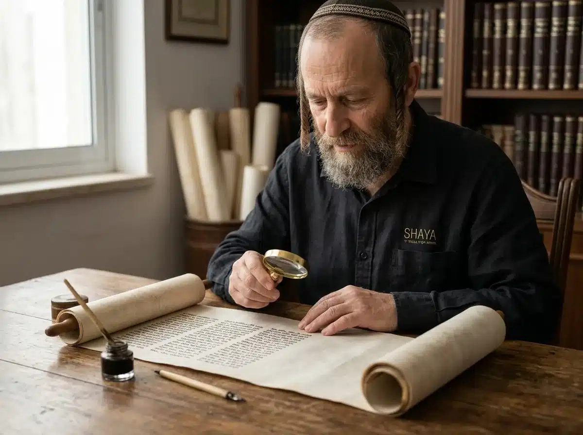 צילום ריאליסטי ומואר של סופר סתם יושב ליד שולחן עץ, בוחן קלף מזוזה פתוח בעזרת זכוכית מגדלת קטנה, תאורה טבעית רכה מבליטה את טקסטורת הקלף ואת הדיו השחור