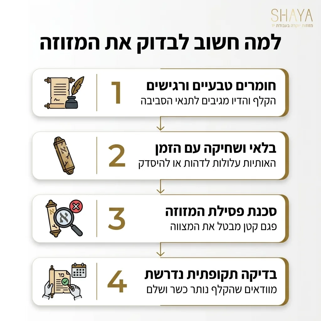 אינפוגרפיקה — למה חשוב לבדוק את המזוזה: חומרים טבעיים ורגישים, בלאי ושחיקה עם הזמן, סכנת פסילת המזוזה, בדיקה תקופתית נדרשת