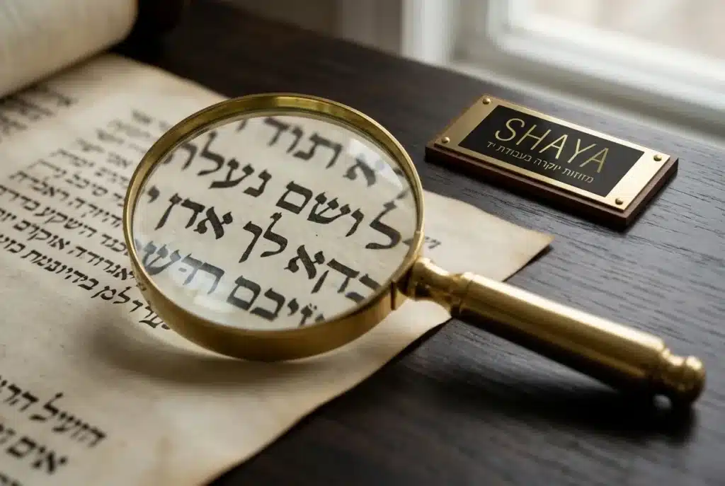 זכוכית מגדלת מונחת מעל אותיות סת"ם בקלף, להמחשת תהליך הבדיקה.