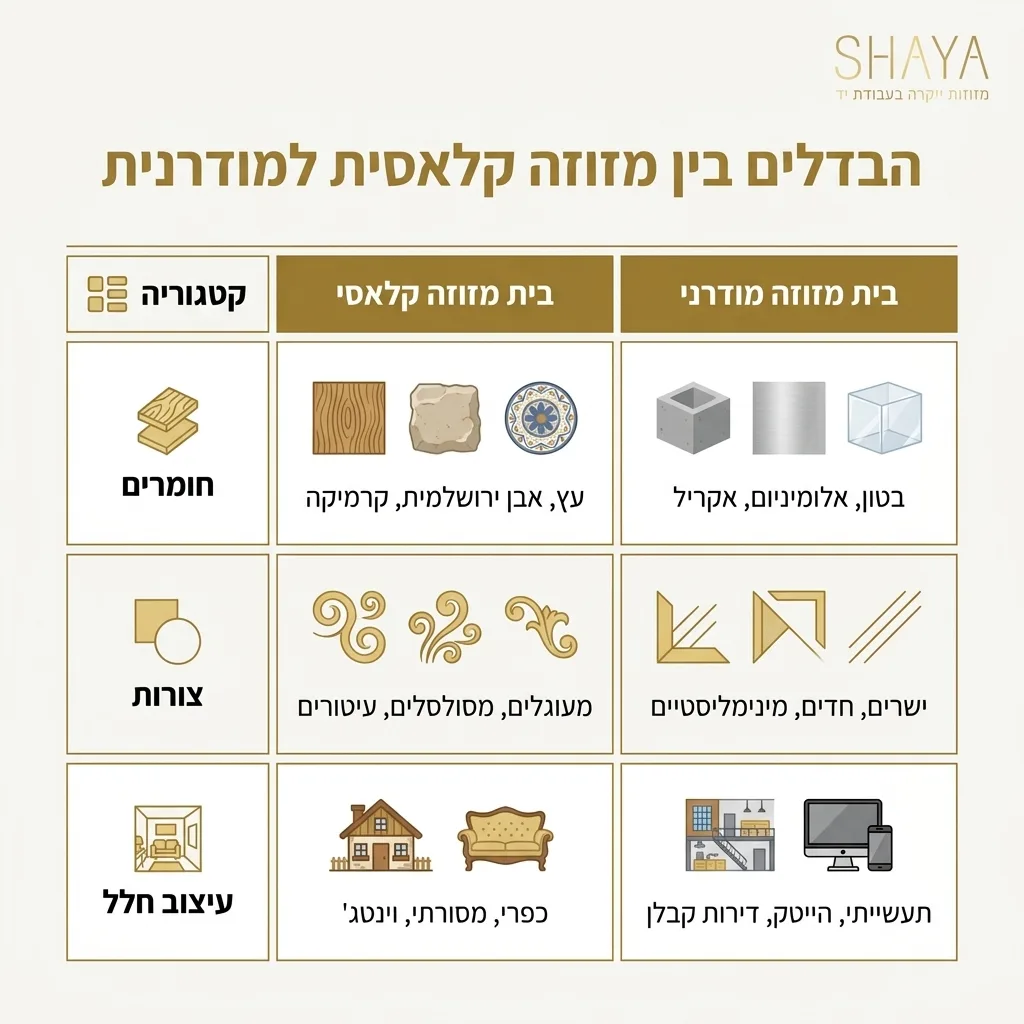 אינפוגרפיקה — הבדלים בין מזוזה קלאסית למודרנית: השוואה בין בית מזוזה קלאסי, בית מזוזה מודרני
