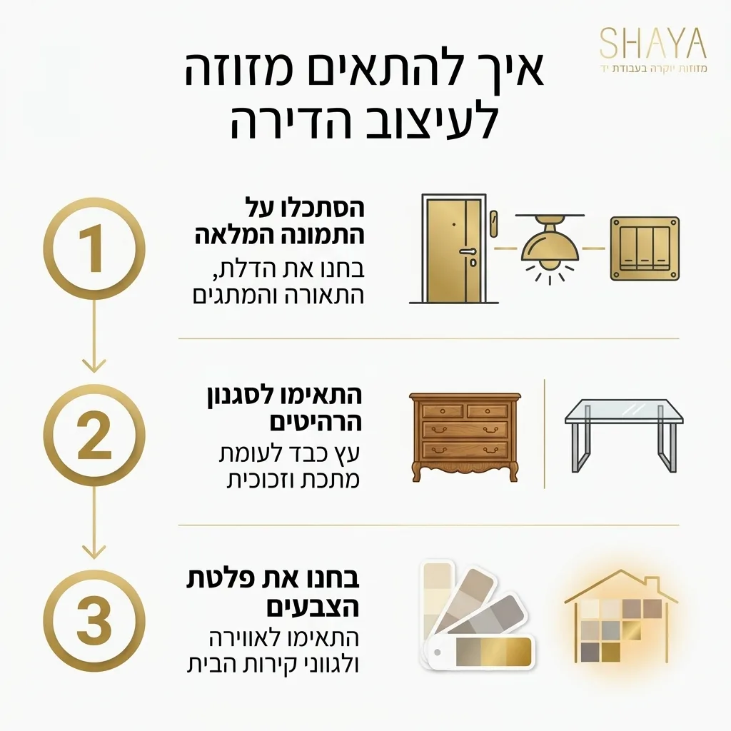 אינפוגרפיקה — איך להתאים מזוזה לעיצוב הדירה: הסתכלו על התמונה המלאה, התאימו לסגנון הרהיטים, בחנו את פלטת הצבעים