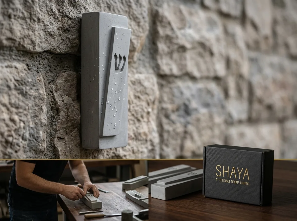 צילום תקריב של מזוזת בטון אדריכלי אפורה ומודרנית, מותקנת על קיר אבן חיצוי, עם טיפות מים קטנות עליה שמראות את האטימות שלה.