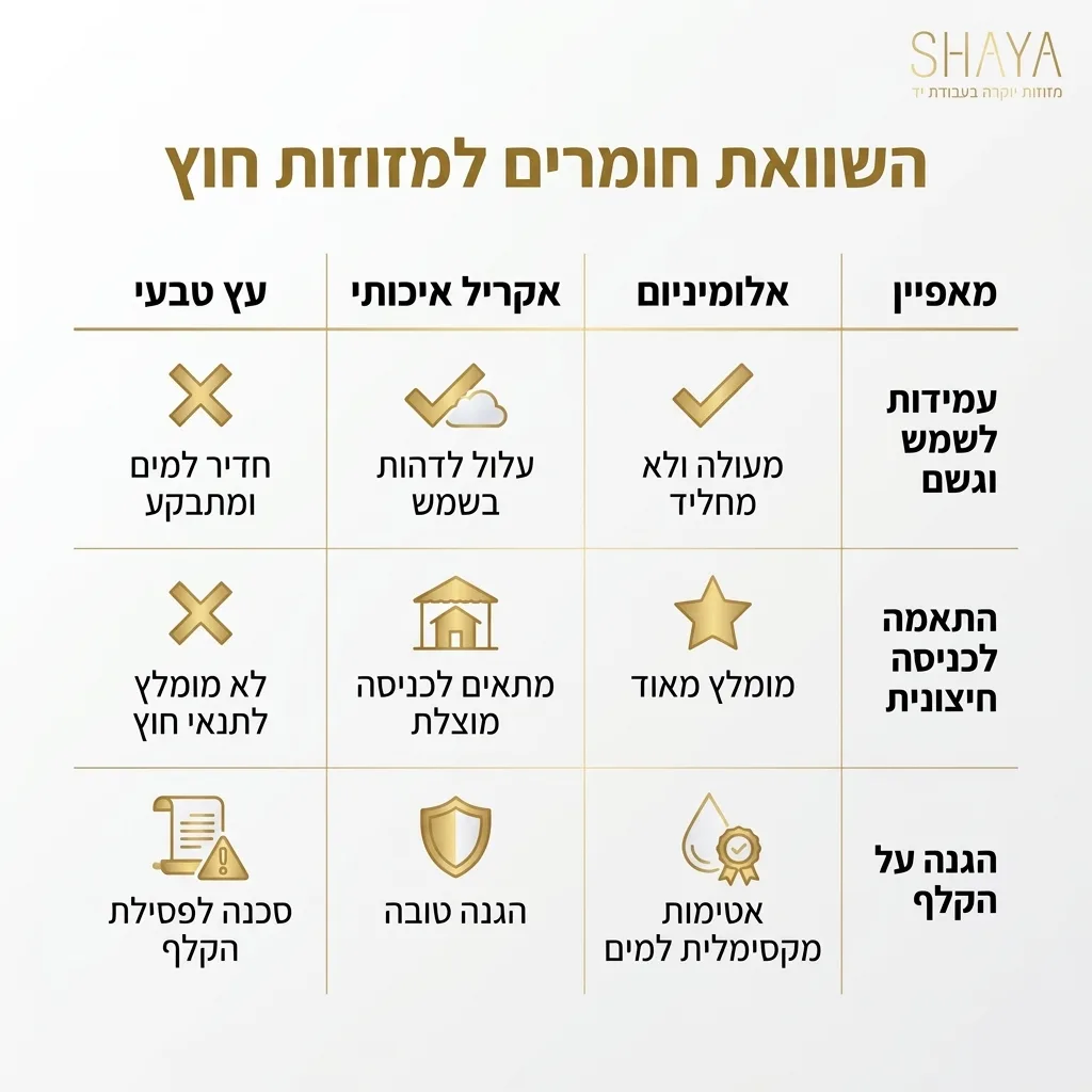 אינפוגרפיקה — השוואת חומרים למזוזות חוץ: השוואה בין אלומיניום, אקריל איכותי, עץ טבעי