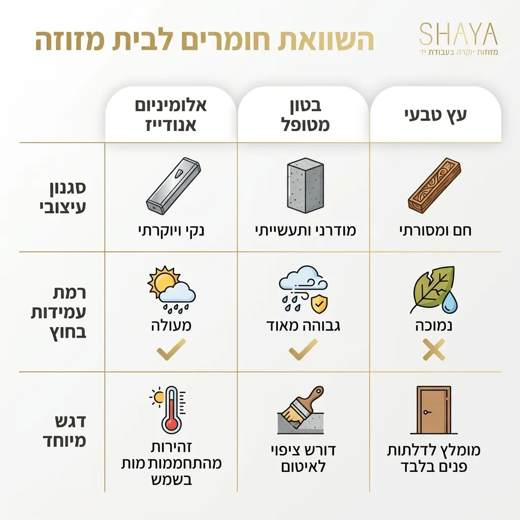 אינפוגרפיקה — השוואת חומרים לבית מזוזה: השוואה בין אלומיניום אנודייז, בטון מטופל, עץ טבעי