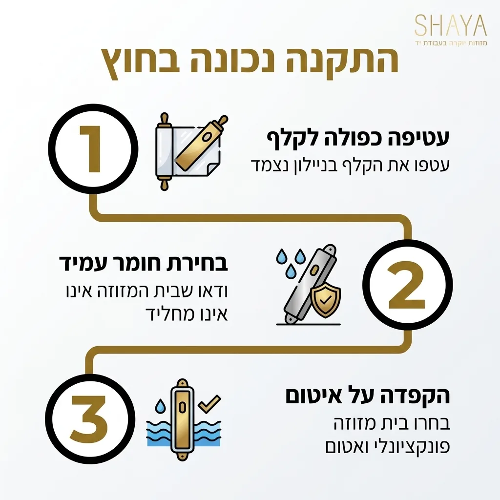 אינפוגרפיקה — התקנה נכונה בחוץ: עטיפה כפולה לקלף, בחירת חומר עמיד, הקפדה על איטום